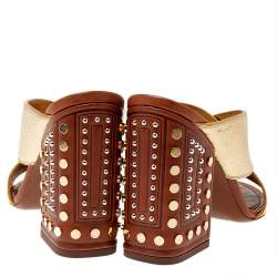 مملوكة مسبقًا Louis Vuitton Metallic Gold Foil Leather Studded Block Heel Slide Sandals Size 39