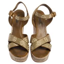 Pre Owned Louis Vuitton Green Canvas Crisscross Slingback Sandals Size 40