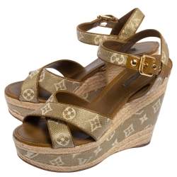 Pre Owned Louis Vuitton Green Canvas Crisscross Slingback Sandals Size 40