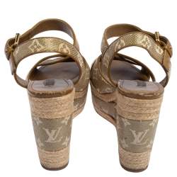 Pre Owned Louis Vuitton Green Canvas Crisscross Slingback Sandals Size 40