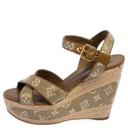 Pre Owned Louis Vuitton Green Canvas Crisscross Slingback Sandals Size 40