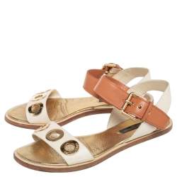 Louis Vuitton Cream/Brown  Leather  Slingback Flat Sandals Size 36