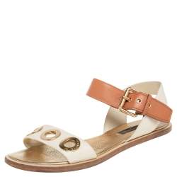 Louis Vuitton Cream/Brown  Leather  Slingback Flat Sandals Size 36