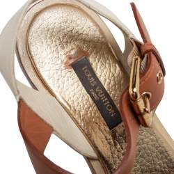 Louis Vuitton Cream/Brown  Leather  Slingback Flat Sandals Size 36