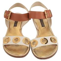 Louis Vuitton Cream/Brown  Leather  Slingback Flat Sandals Size 36