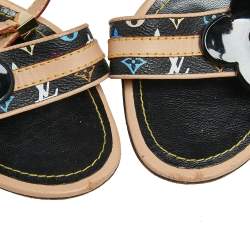 Pre Owned Louis Vuitton Black Multicolor Monogram Canvas Open Toe Ankle Strap Sandals Size 37.5