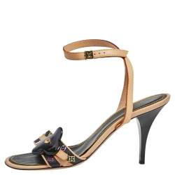 Pre Owned Louis Vuitton Black Multicolor Monogram Canvas Open Toe Ankle Strap Sandals Size 37.5
