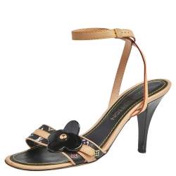Pre Owned Louis Vuitton Black Multicolor Monogram Canvas Open Toe Ankle Strap Sandals Size 37.5