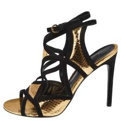 Pre Owned Louis Vuitton Black/Gold Python Embossed And Suede Ankle Strap Sandals Size 38