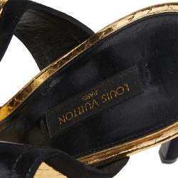 Pre Owned Louis Vuitton Black/Gold Python Embossed And Suede Ankle Strap Sandals Size 38