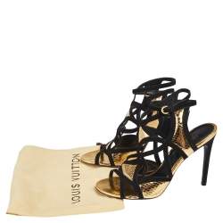 Pre Owned Louis Vuitton Black/Gold Python Embossed And Suede Ankle Strap Sandals Size 38