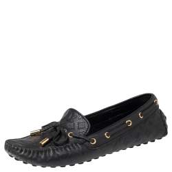 Pre Owned Louis Vuitton Black Monogram Empreinte Leather Gloria Bow Slip On Loafers Size 37