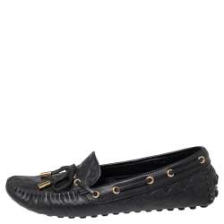 Pre Owned Louis Vuitton Black Monogram Empreinte Leather Gloria Bow Slip On Loafers Size 37