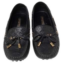 Pre Owned Louis Vuitton Black Monogram Empreinte Leather Gloria Bow Slip On Loafers Size 37