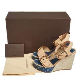 مملوكة مسبقًا Louis Vuitton Blue/Beige Leather and Monogram Denim Espadrilles Wedge Sandals Size 37