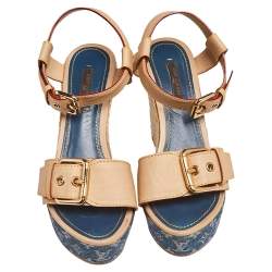 مملوكة مسبقًا Louis Vuitton Blue/Beige Leather and Monogram Denim Espadrilles Wedge Sandals Size 37