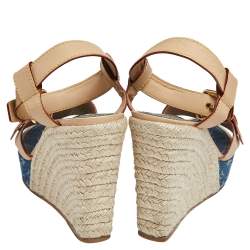مملوكة مسبقًا Louis Vuitton Blue/Beige Leather and Monogram Denim Espadrilles Wedge Sandals Size 37