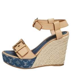 مملوكة مسبقًا Louis Vuitton Blue/Beige Leather and Monogram Denim Espadrilles Wedge Sandals Size 37