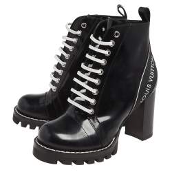 Pre Owned Louis Vuitton Black Patent Leather Star Trail Block Heel Boots Size 36.5