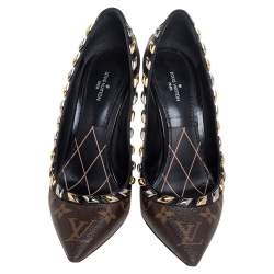 Pre Owned Louis Vuitton Brown Monogram Canvas And Black Leather Trim Eldorado Pointed Toe Pumps Size 37.5