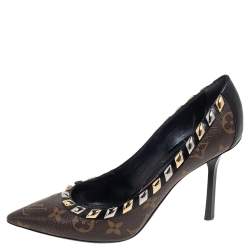 Pre Owned Louis Vuitton Brown Monogram Canvas And Black Leather Trim Eldorado Pointed Toe Pumps Size 37.5