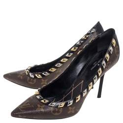 Pre Owned Louis Vuitton Brown Monogram Canvas And Black Leather Trim Eldorado Pointed Toe Pumps Size 37.5