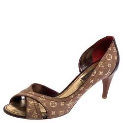 Pre Owned Louis Vuitton Burgundy Mini Lin Canvas And Patent Leather D'orsay Open Toe Pumps Size 36.5