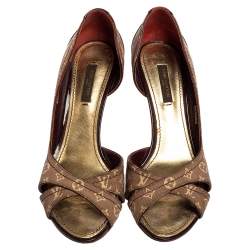 Pre Owned Louis Vuitton Burgundy Mini Lin Canvas And Patent Leather D'orsay Open Toe Pumps Size 36.5