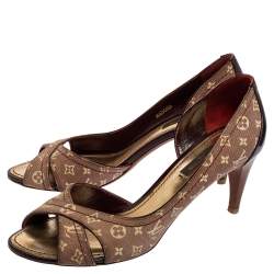 Pre Owned Louis Vuitton Burgundy Mini Lin Canvas And Patent Leather D'orsay Open Toe Pumps Size 36.5