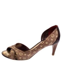 Pre Owned Louis Vuitton Burgundy Mini Lin Canvas And Patent Leather D'orsay Open Toe Pumps Size 36.5