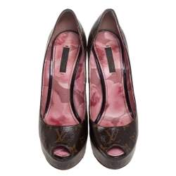 Pre Owned حذاء كعب عالي لوي فيتون روزماري كانفاس مونوغرامي مقدمة مفتوحة نعل سميك مقاس 38