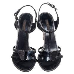 مملوكة مسبقًا Louis Vuitton Black Croc Embossed Leather Butterfly Wedge Sandals Size 39