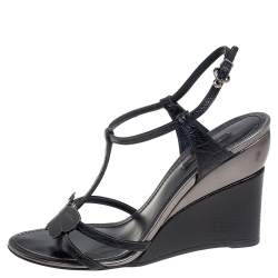 مملوكة مسبقًا Louis Vuitton Black Croc Embossed Leather Butterfly Wedge Sandals Size 39