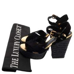 Pre Owned Louis Vuitton Black Suede Criss Cross Ankle Strap Platform Espadrille Sandals Size 37