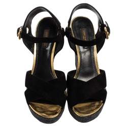 Pre Owned Louis Vuitton Black Suede Criss Cross Ankle Strap Platform Espadrille Sandals Size 37