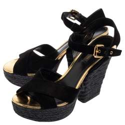Pre Owned Louis Vuitton Black Suede Criss Cross Ankle Strap Platform Espadrille Sandals Size 37