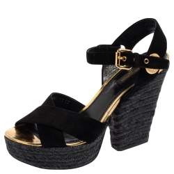 Pre Owned Louis Vuitton Black Suede Criss Cross Ankle Strap Platform Espadrille Sandals Size 37