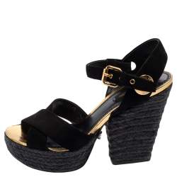 Pre Owned Louis Vuitton Black Suede Criss Cross Ankle Strap Platform Espadrille Sandals Size 37