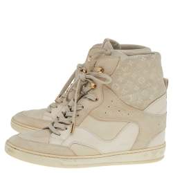 Louis Vuitton Beige Monogram Embossed Suede And Leather Cliff Wedge Sneakers Size 38.5
