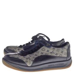 Louis Vuitton Navy Blue Leather And Monogram Canvas Low Top Sneakers Size 38.5