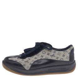 Louis Vuitton Navy Blue Leather And Monogram Canvas Low Top Sneakers Size 38.5