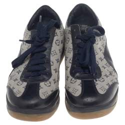 Louis Vuitton Navy Blue Leather And Monogram Canvas Low Top Sneakers Size 38.5