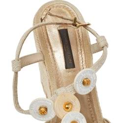 Pre Owned Louis Vuitton Beige Canvas Medallion Leather Detail Espadrille Wedge Platform Sandals Size 38.5