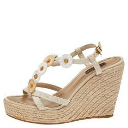 Pre Owned Louis Vuitton Beige Canvas Medallion Leather Detail Espadrille Wedge Platform Sandals Size 38.5