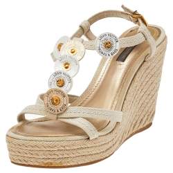 Pre Owned Louis Vuitton Beige Canvas Medallion Leather Detail Espadrille Wedge Platform Sandals Size 38.5