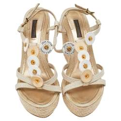 Pre Owned Louis Vuitton Beige Canvas Medallion Leather Detail Espadrille Wedge Platform Sandals Size 38.5