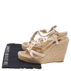 Pre Owned Louis Vuitton Beige Canvas Medallion Leather Detail Espadrille Wedge Platform Sandals Size 38.5