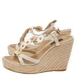 Pre Owned Louis Vuitton Beige Canvas Medallion Leather Detail Espadrille Wedge Platform Sandals Size 38.5