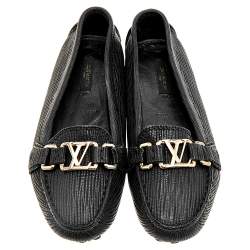 Louis Vuitton Black Textured Leather Oxford Slip On Loafers Size 36