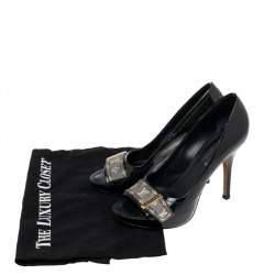 Pre Owned Louis Vuitton Dark Green Patent Leather And Monogram Canvas Idylle Buci Open Toe Pumps Size 35